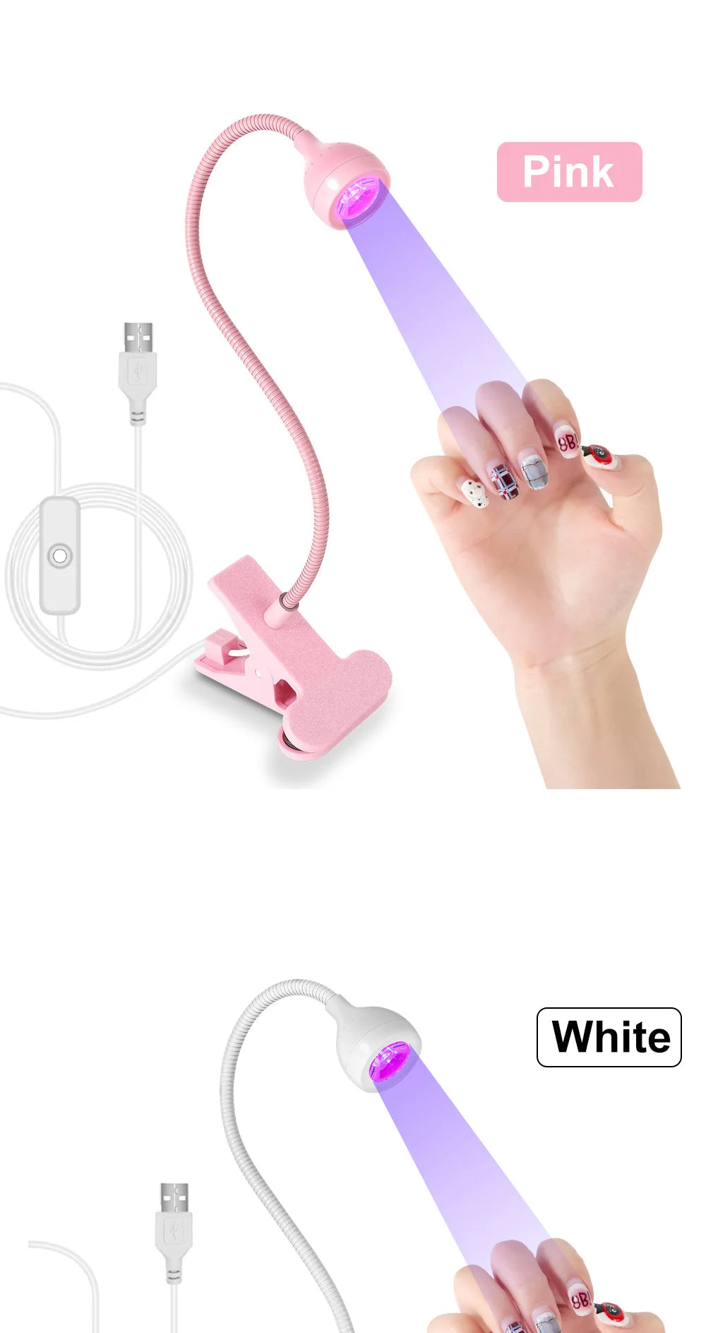 Nail LED UV Lamp for Drying Gel Nails Polish Clip-On Flexible Desk Mini Portable USB Nail Lamp UV Light Dryer for Manicure Salon
